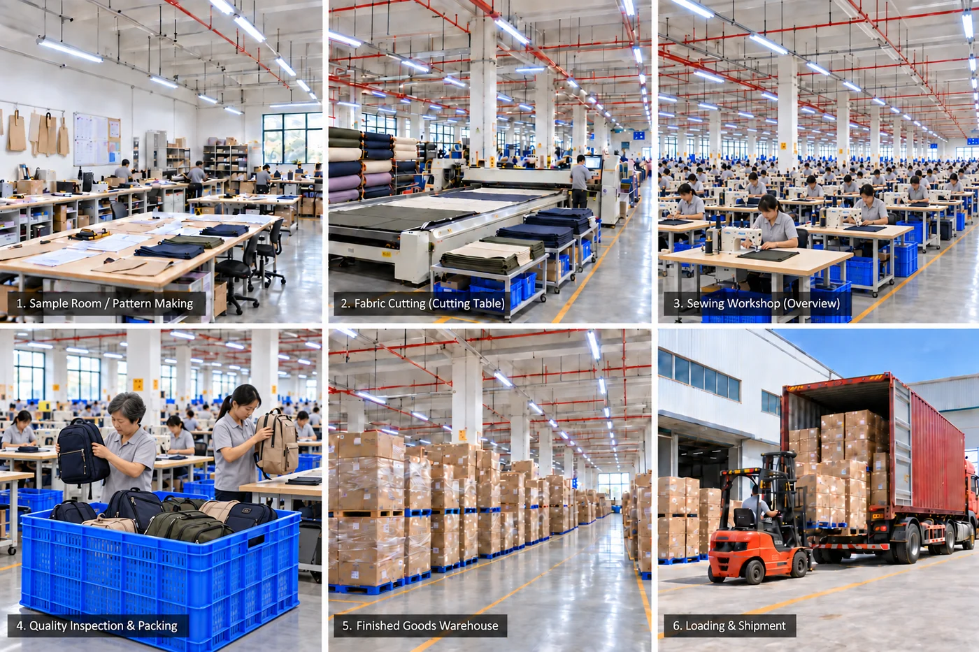 Production overview: pattern making, fabric cutting, sewing, assembly, quality inspection, packing, warehousing and shipment.