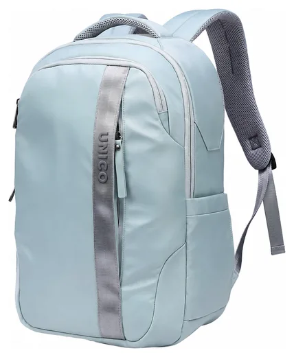 Travel Laptop Backpack — Vertical Webbing — Light blue angled view